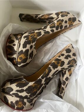 Charlotte Olympia Dolly Leopard Print Pony Hair Platform Heels NIB